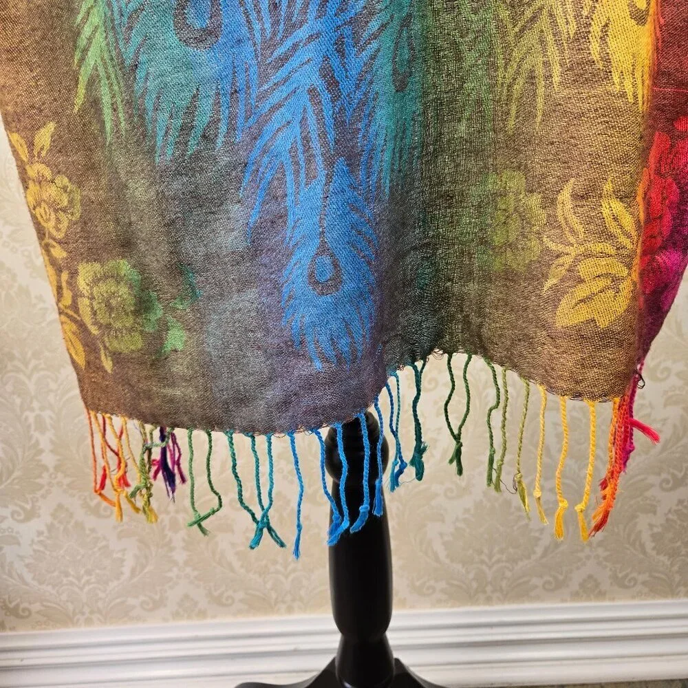 Mulitcolor Rainbow Peacock Floral Themed Oblong Scarf Fringed Ends Lightweight
